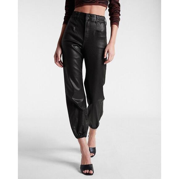 Express Super High Waisted Black Coated Jogger Jeans Womens Size 10 Stretch - Picture 1 of 15